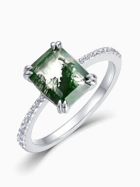 Green Moss Agate Ring • Emerald Cut Engagement Ring Nature Inspired Sterling